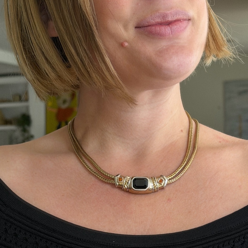 Vintage Joan Collins Heavy Double Strand Gold Yellow Black Blue Necklace Jewelry